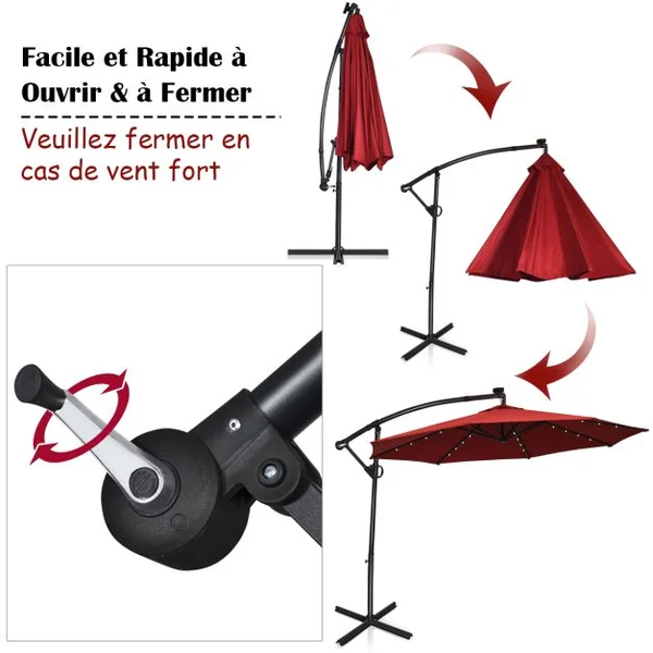 Parasol Déporté 3M avec 24 Lumières LED Solaires Rotatif 360° Base Croisée Manivelle Angle Réglage Poteau en Aluminium Vin Rouge