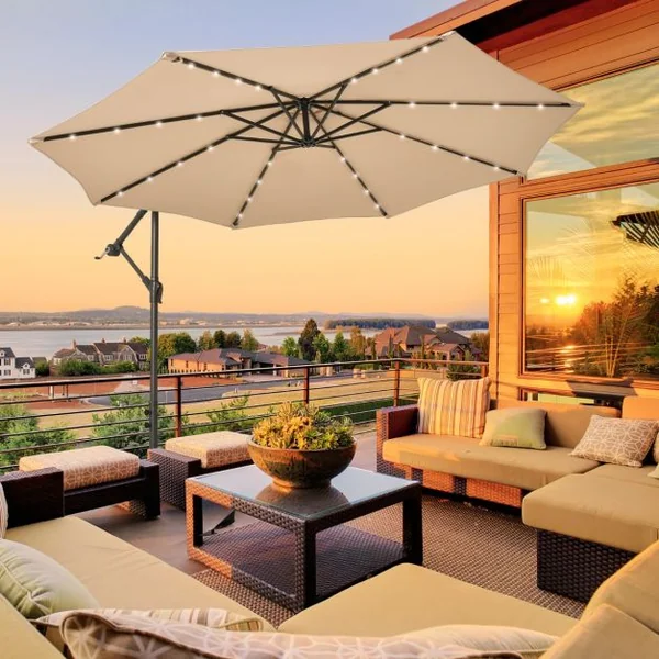 Parasol Déporté de 3 m avec 32 Lumières LED Panneau Solaire Batterie, Sac de Sable Auvent Imperméable Parasol pour Jardin Piscine Patio Beige