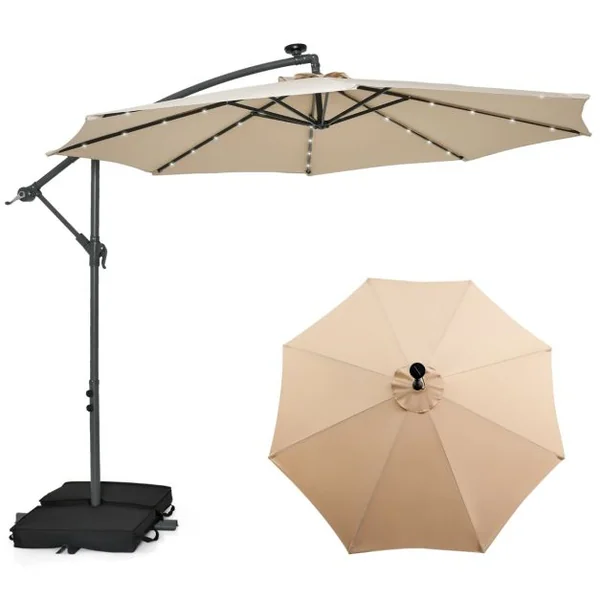 Parasol Déporté de 3 m avec 32 Lumières LED Panneau Solaire Batterie, Sac de Sable Auvent Imperméable Parasol pour Jardin Piscine Patio Beige