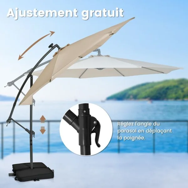 Parasol Déporté de 3 m avec 32 Lumières LED Panneau Solaire Batterie, Sac de Sable Auvent Imperméable Parasol pour Jardin Piscine Patio Beige