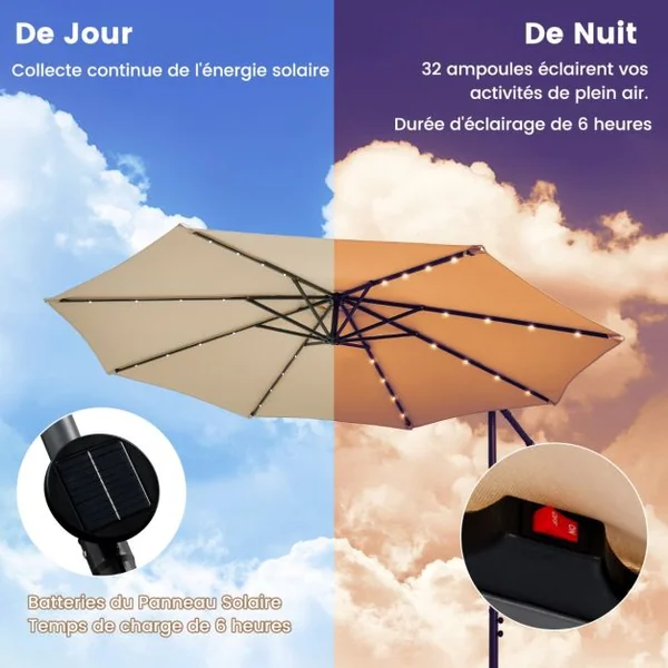 Parasol Déporté de 3 m avec 32 Lumières LED Panneau Solaire Batterie, Sac de Sable Auvent Imperméable Parasol pour Jardin Piscine Patio Beige