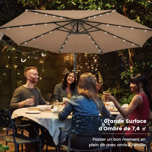 Parasol Déporté de 3 m avec 32 Lumières LED Panneau Solaire Batterie, Sac de Sable Auvent Imperméable Parasol pour Jardin Piscine Patio Beige