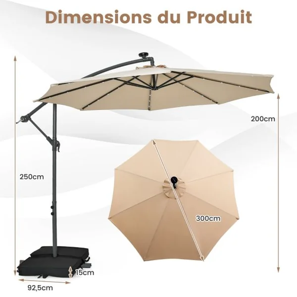 Parasol Déporté de 3 m avec 32 Lumières LED Panneau Solaire Batterie, Sac de Sable Auvent Imperméable Parasol pour Jardin Piscine Patio Beige