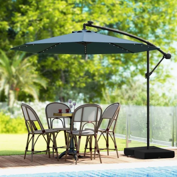 Parasol Déporté de 3 m avec 32 Lumières LED Panneau Solaire Batterie, Sac de Sable Auvent Imperméable Parasol pour Jardin Piscine Patio Bleu