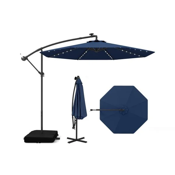 Parasol Déporté de 3 m avec 32 Lumières LED Panneau Solaire Batterie, Sac de Sable Auvent Imperméable Parasol pour Jardin Piscine Patio Bleu