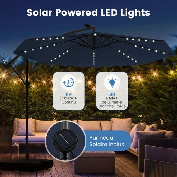 Parasol Déporté de 3 m avec 32 Lumières LED Panneau Solaire Batterie, Sac de Sable Auvent Imperméable Parasol pour Jardin Piscine Patio Bleu