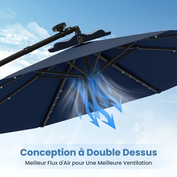 Parasol Déporté de 3 m avec 32 Lumières LED Panneau Solaire Batterie, Sac de Sable Auvent Imperméable Parasol pour Jardin Piscine Patio Bleu