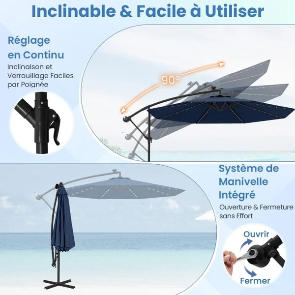 Parasol Déporté de 3 m avec 32 Lumières LED Panneau Solaire Batterie, Sac de Sable Auvent Imperméable Parasol pour Jardin Piscine Patio Bleu