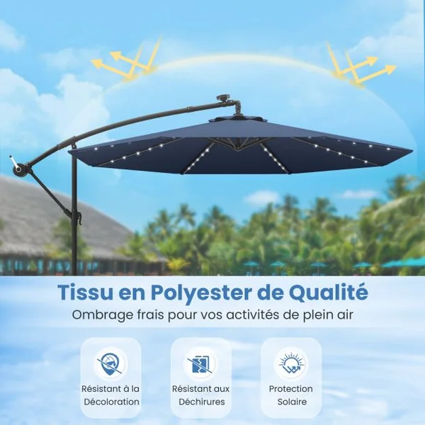 Parasol Déporté de 3 m avec 32 Lumières LED Panneau Solaire Batterie, Sac de Sable Auvent Imperméable Parasol pour Jardin Piscine Patio Bleu
