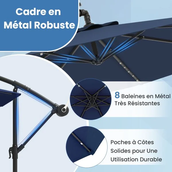 Parasol Déporté de 3 m avec 32 Lumières LED Panneau Solaire Batterie, Sac de Sable Auvent Imperméable Parasol pour Jardin Piscine Patio Bleu