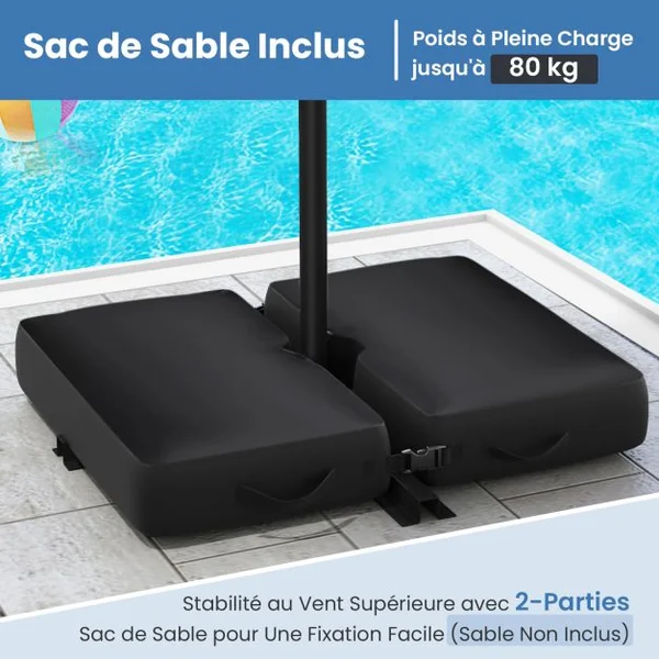 Parasol Déporté de 3 m avec 32 Lumières LED Panneau Solaire Batterie, Sac de Sable Auvent Imperméable Parasol pour Jardin Piscine Patio Bleu