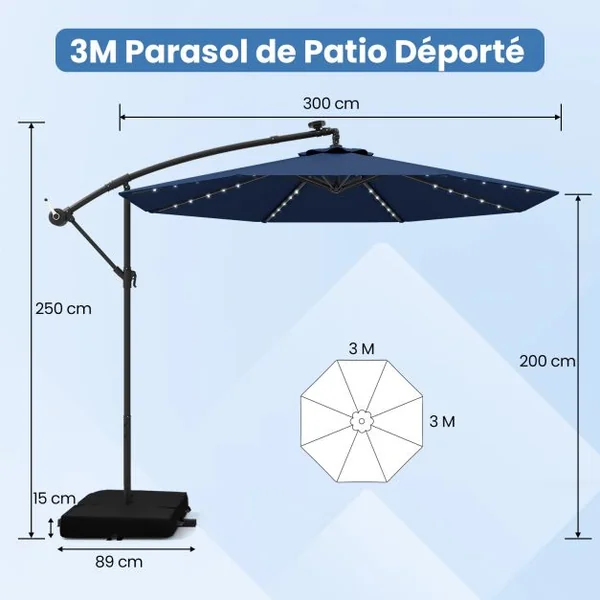 Parasol Déporté de 3 m avec 32 Lumières LED Panneau Solaire Batterie, Sac de Sable Auvent Imperméable Parasol pour Jardin Piscine Patio Bleu