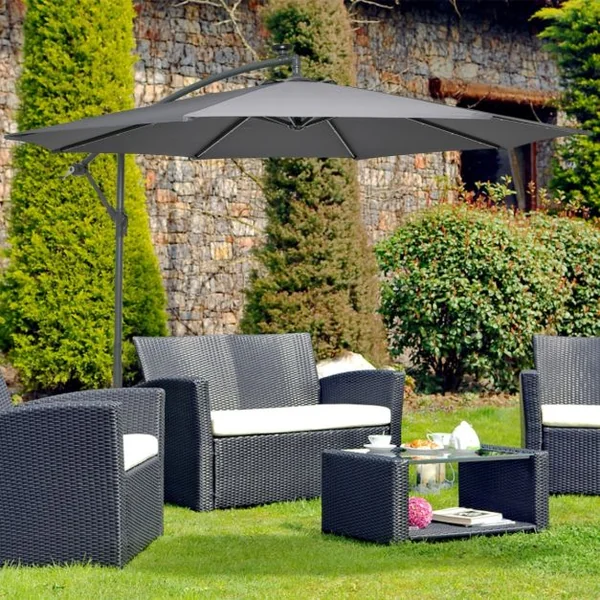 Parasol Déporté de 3 m avec 32 Lumières LED Panneau Solaire Batterie, Sac de Sable Auvent Imperméable Parasol pour Jardin Piscine Patio Gris