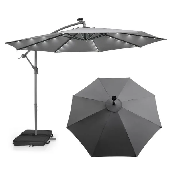 Parasol Déporté de 3 m avec 32 Lumières LED Panneau Solaire Batterie, Sac de Sable Auvent Imperméable Parasol pour Jardin Piscine Patio Gris