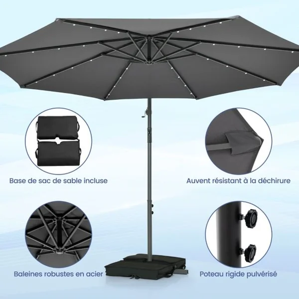 Parasol Déporté de 3 m avec 32 Lumières LED Panneau Solaire Batterie, Sac de Sable Auvent Imperméable Parasol pour Jardin Piscine Patio Gris