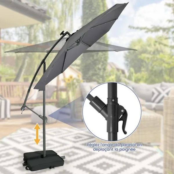 Parasol Déporté de 3 m avec 32 Lumières LED Panneau Solaire Batterie, Sac de Sable Auvent Imperméable Parasol pour Jardin Piscine Patio Gris