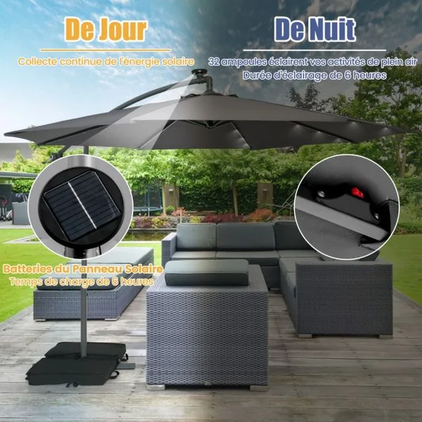 Parasol Déporté de 3 m avec 32 Lumières LED Panneau Solaire Batterie, Sac de Sable Auvent Imperméable Parasol pour Jardin Piscine Patio Gris