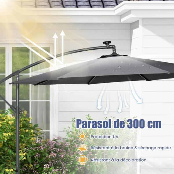 Parasol Déporté de 3 m avec 32 Lumières LED Panneau Solaire Batterie, Sac de Sable Auvent Imperméable Parasol pour Jardin Piscine Patio Gris