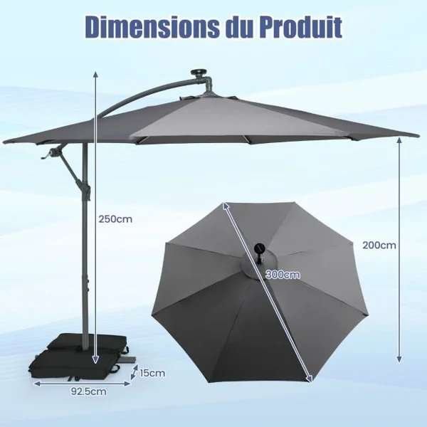 Parasol Déporté de 3 m avec 32 Lumières LED Panneau Solaire Batterie, Sac de Sable Auvent Imperméable Parasol pour Jardin Piscine Patio Gris