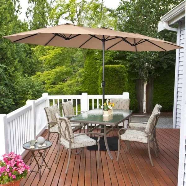 Parasol Déporté de Terrasse Double Face de 4,5 m avec Base Parasol Extra-large avec Système de Manivelle Café