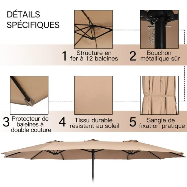 Parasol Déporté de Terrasse Double Face de 4,5 m avec Base Parasol Extra-large avec Système de Manivelle Café