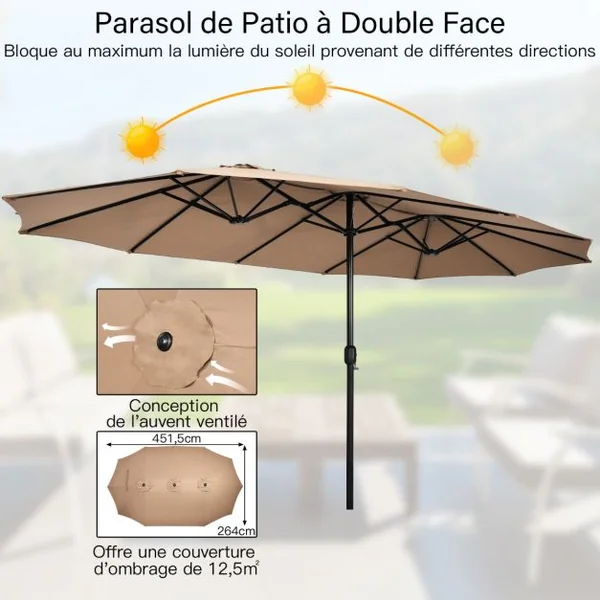 Parasol Déporté de Terrasse Double Face de 4,5 m avec Base Parasol Extra-large avec Système de Manivelle Café