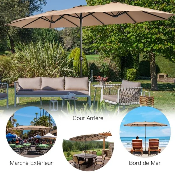 Parasol Déporté de Terrasse Double Face de 4,5 m avec Base Parasol Extra-large avec Système de Manivelle Café
