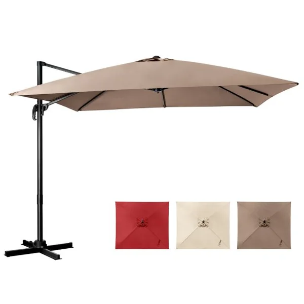 Parasol Déporté Inclinable 3x3M avec Base Croisée Rotation à 360° Manivelle 8 Baleines Event pour Jardin Terrasse Beige/Café/Vin Rouge/Gris