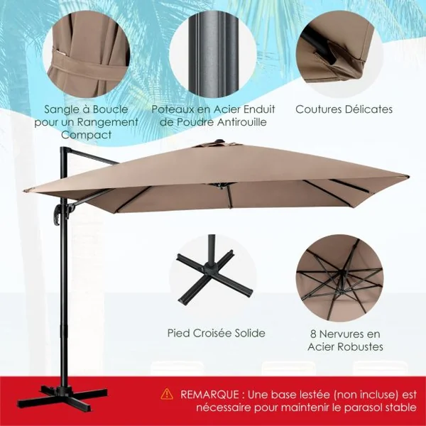 Parasol Déporté Inclinable 3x3M avec Base Croisée Rotation à 360° Manivelle 8 Baleines Event pour Jardin Terrasse Beige/Café/Vin Rouge/Gris