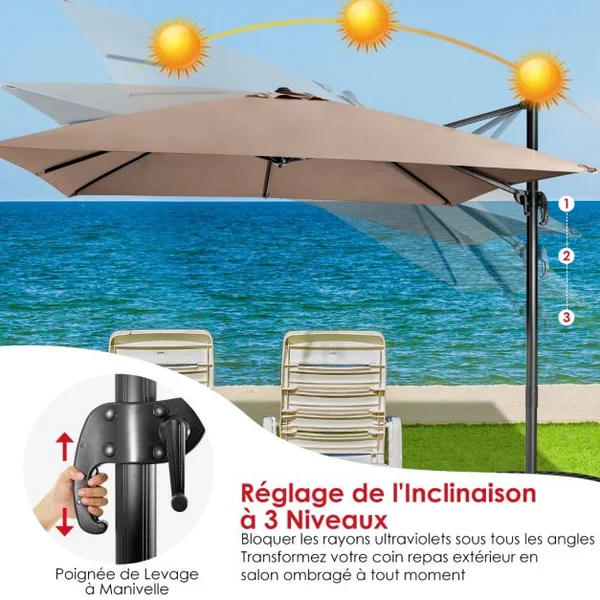 Parasol Déporté Inclinable 3x3M avec Base Croisée Rotation à 360° Manivelle 8 Baleines Event pour Jardin Terrasse Beige/Café/Vin Rouge/Gris