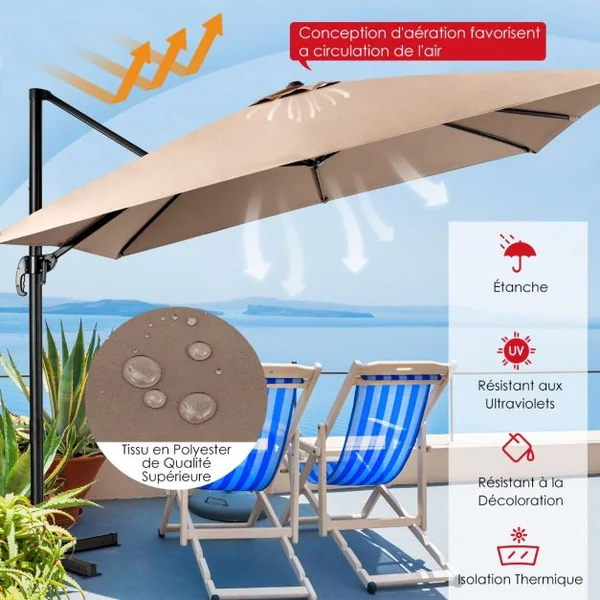 Parasol Déporté Inclinable 3x3M avec Base Croisée Rotation à 360° Manivelle 8 Baleines Event pour Jardin Terrasse Beige/Café/Vin Rouge/Gris