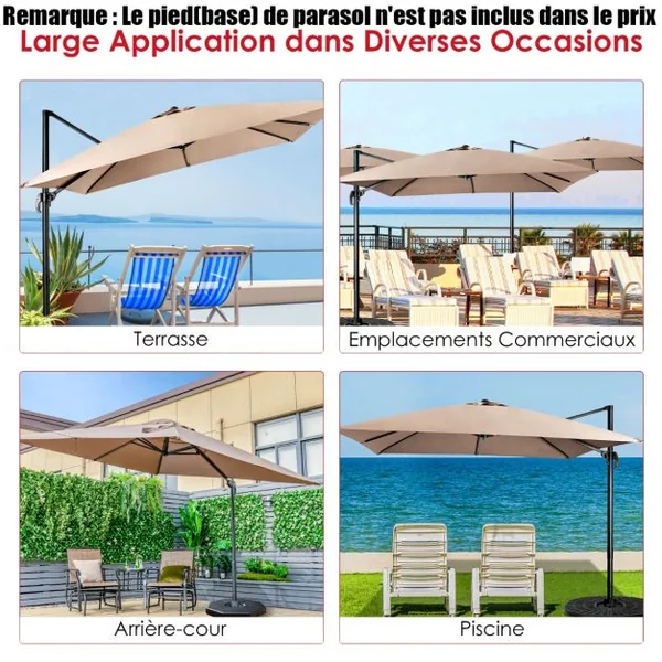 Parasol Déporté Inclinable 3x3M avec Base Croisée Rotation à 360° Manivelle 8 Baleines Event pour Jardin Terrasse Beige/Café/Vin Rouge/Gris