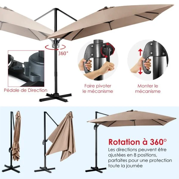 Parasol Déporté Inclinable 3x3M avec Base Croisée Rotation à 360° Manivelle 8 Baleines Event pour Jardin Terrasse Beige/Café/Vin Rouge/Gris