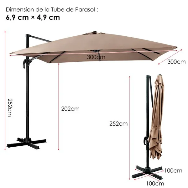 Parasol Déporté Inclinable 3x3M avec Base Croisée Rotation à 360° Manivelle 8 Baleines Event pour Jardin Terrasse Beige/Café/Vin Rouge/Gris