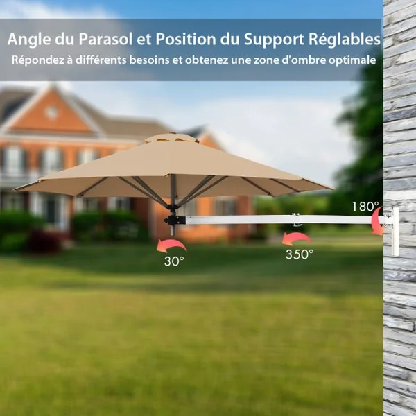 Parasol en Porte-à-faux Mural de 247 Cm Parasol avec Mât Réglable Parasol Inclinable avec Évent Parasols d'Extérieur Beige/Marron/Bleu/Rouge
