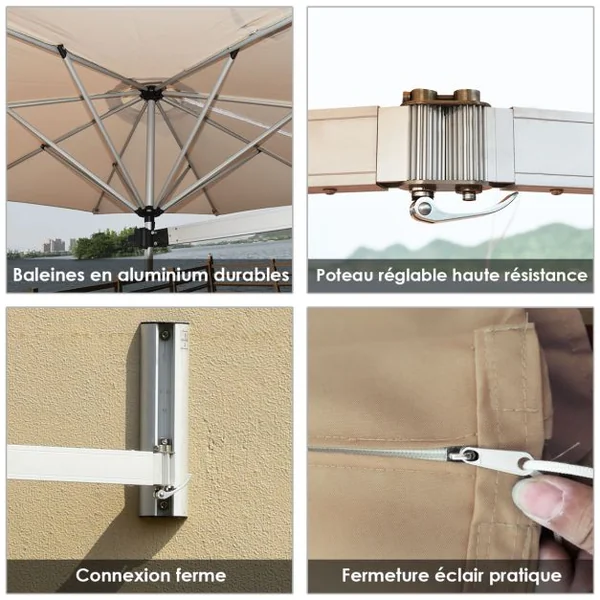 Parasol en Porte-à-faux Mural de 247 Cm Parasol avec Mât Réglable Parasol Inclinable avec Évent Parasols d'Extérieur Beige/Marron/Bleu/Rouge