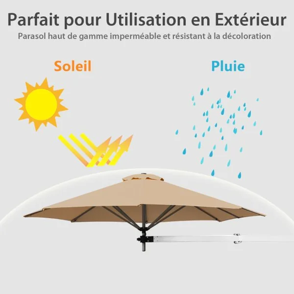 Parasol en Porte-à-faux Mural de 247 Cm Parasol avec Mât Réglable Parasol Inclinable avec Évent Parasols d'Extérieur Beige/Marron/Bleu/Rouge