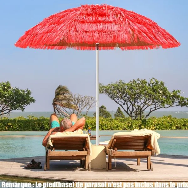 Parasol Inclinable de Paille en PP 2M Fixation pour Sable Toit Chaume Style Hawaïen 2 Parties Démontables pour Plage Cour Piscine Rouge