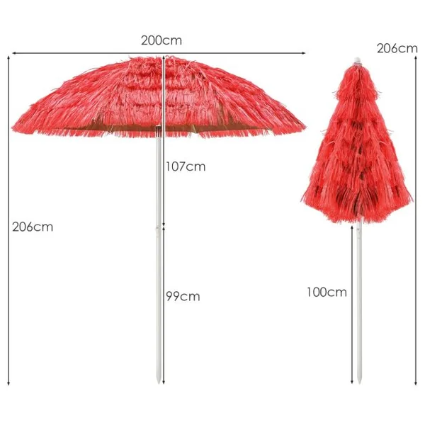 Parasol Inclinable de Paille en PP 2M Fixation pour Sable Toit Chaume Style Hawaïen 2 Parties Démontables pour Plage Cour Piscine Rouge