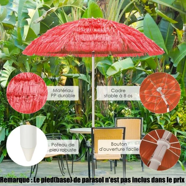 Parasol Inclinable de Paille en PP 2M Fixation pour Sable Toit Chaume Style Hawaïen 2 Parties Démontables pour Plage Cour Piscine Rouge