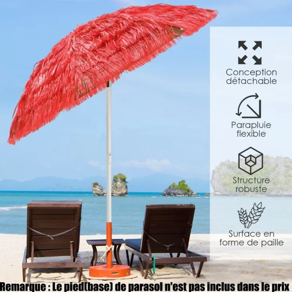 Parasol Inclinable de Paille en PP 2M Fixation pour Sable Toit Chaume Style Hawaïen 2 Parties Démontables pour Plage Cour Piscine Rouge