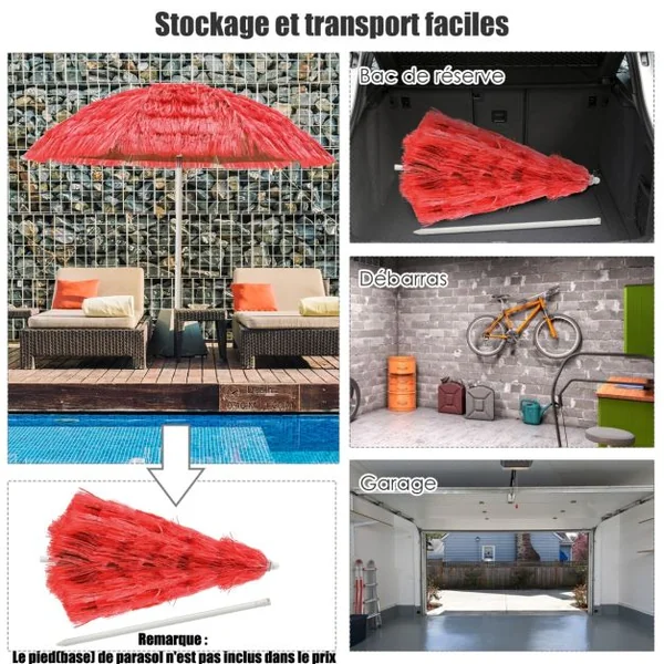 Parasol Inclinable de Paille en PP 2M Fixation pour Sable Toit Chaume Style Hawaïen 2 Parties Démontables pour Plage Cour Piscine Rouge
