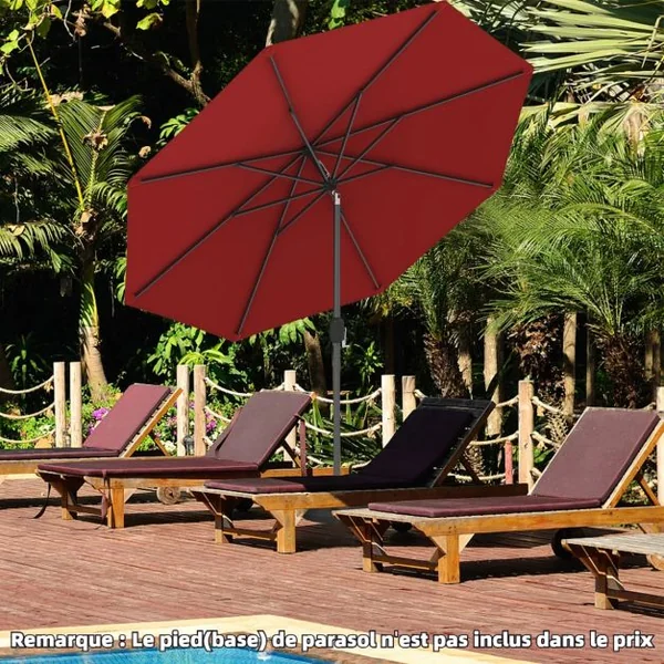 Parasol Inclinable Dia.2,70 m Manivelle en Acier Toile en Polyester 6 Nervures pour Patio Jardin Beige/Marron/Vin Rouge