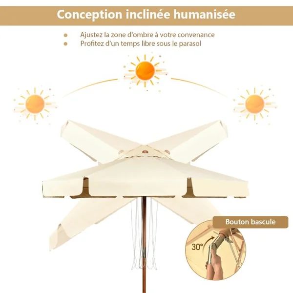 Parasol Inclinable Ø300x253CM avec Manivelle Anti-UV Protection Solaire Toile Polyester Imperméable à Rabats Beige/Gris