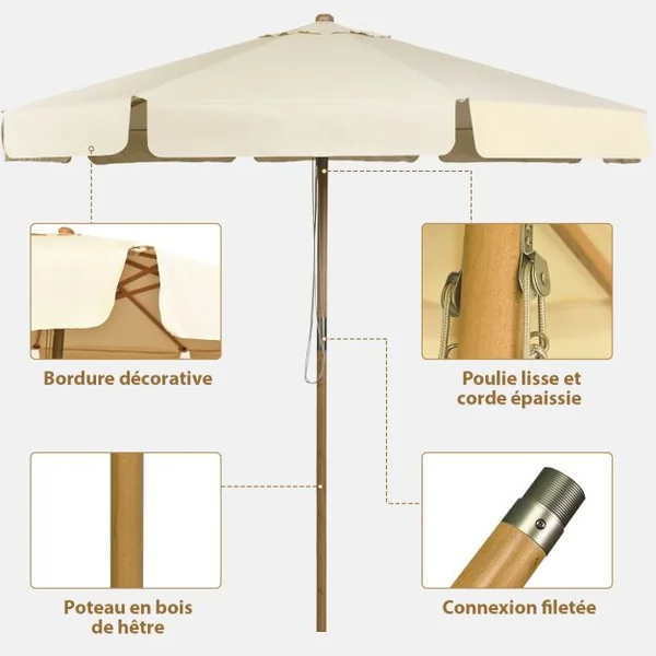 Parasol Inclinable Ø300x253CM avec Manivelle Anti-UV Protection Solaire Toile Polyester Imperméable à Rabats Beige/Gris