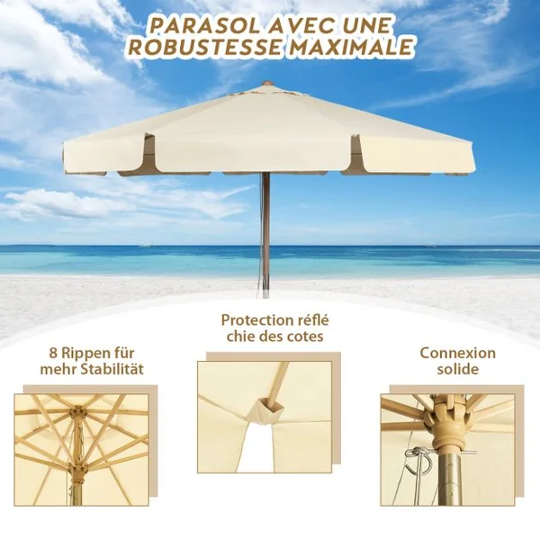 Parasol Inclinable Ø300x253CM avec Manivelle Anti-UV Protection Solaire Toile Polyester Imperméable à Rabats Beige/Gris