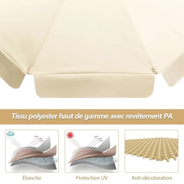 Parasol Inclinable Ø300x253CM avec Manivelle Anti-UV Protection Solaire Toile Polyester Imperméable à Rabats Beige/Gris
