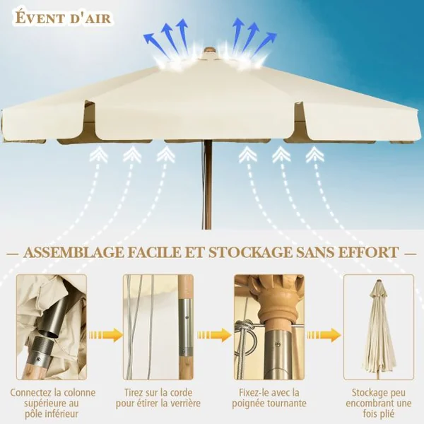 Parasol Inclinable Ø300x253CM avec Manivelle Anti-UV Protection Solaire Toile Polyester Imperméable à Rabats Beige/Gris