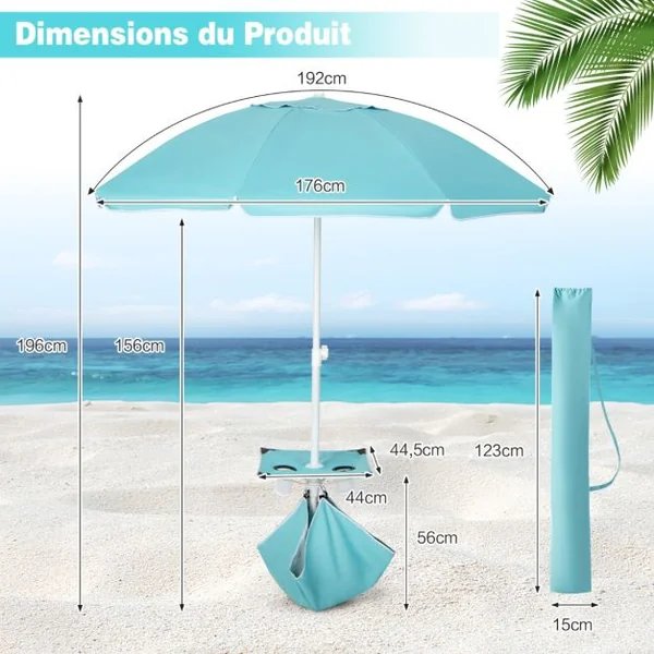 Parasol Jardin Inclinable 192cm avec Table Porte-gobelet et Sac de Sable Détachable 23KG Sac de Transport pour Plage Bleu