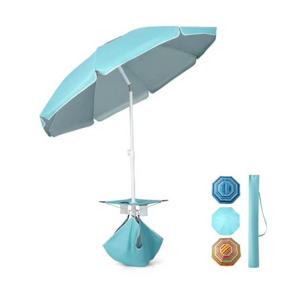 Parasol Jardin Inclinable 192cm avec Table Porte-gobelet et Sac de Sable Détachable 23KG Sac de Transport pour Plage Bleu